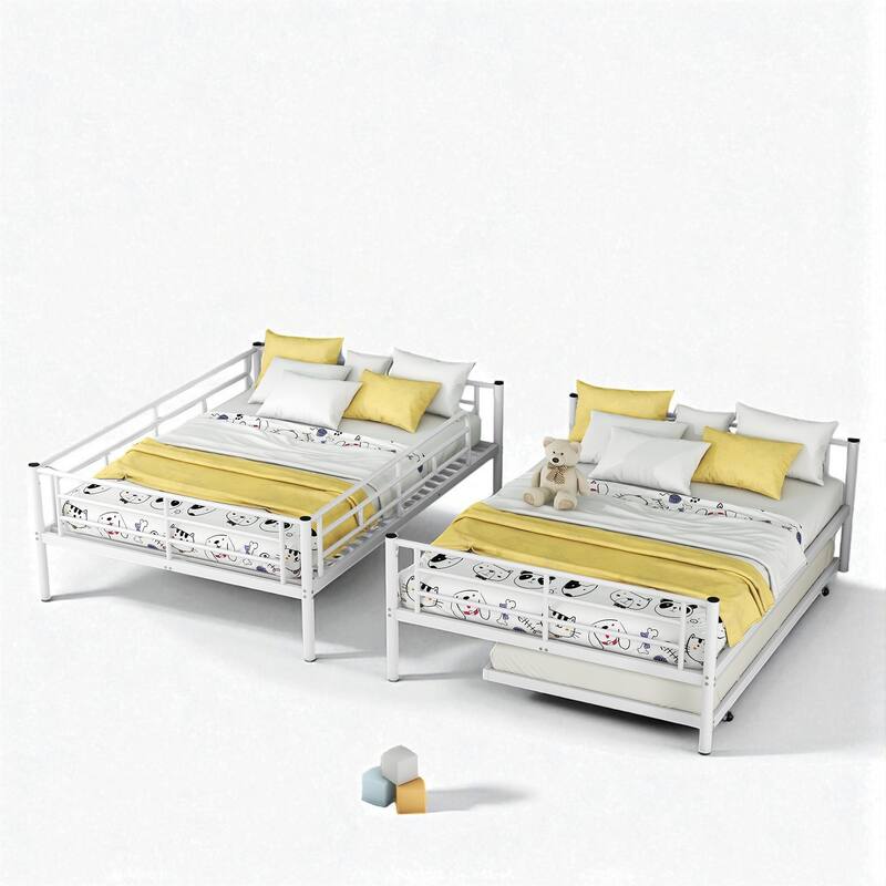 Full Over Full / Full XL Over Queen Metal Bunk Bed with Trundle, Convertible Design and Guardrails