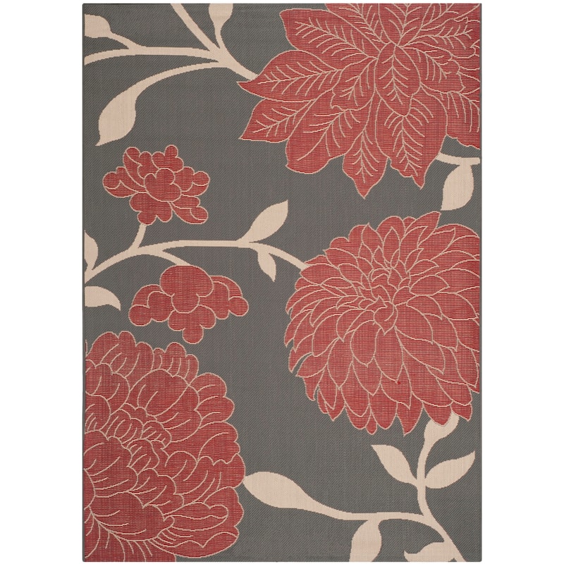 SAFAVIEH Courtyard Alison Floral Indoor/ Outdoor Patio Backyard Rug - 5'3" x 5'3" Square - Anthracite/Red