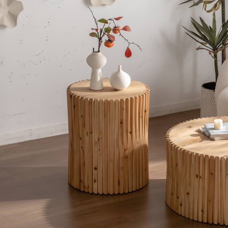 Cylindrical Coffee Table with Vertical Texture Relief Design