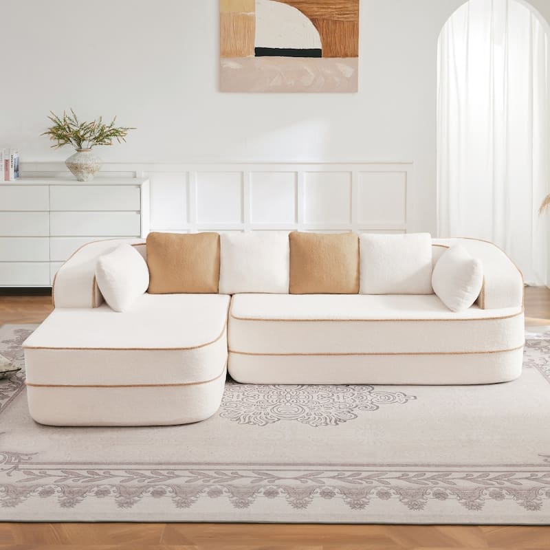 105.9" Modular L-shaped Teddy Velvet Sectional Sofa with Chaise and Curved Armrest - White - Right Facing