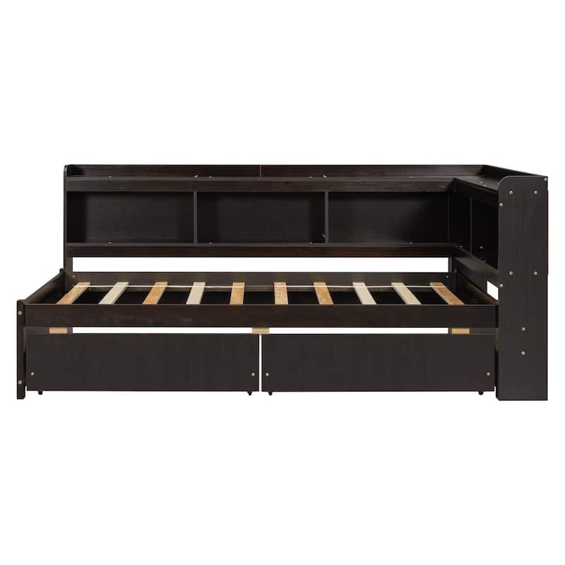 Full Size Bed with L-Shaped Bookcase, USB Charging Ports, 2 Storage Drawers, Power Outlets, and Espresso Finish