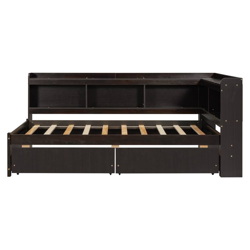 Twin Size Platform Bed with L-Shaped Bookcase, Built-in Charging Station, 2 Storage Drawers