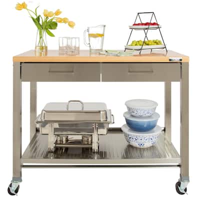 Seville Classics Home Stainless Steel 2-Drawer Mobile Workcenter Kitchen Cart Island with Solid Wood Top