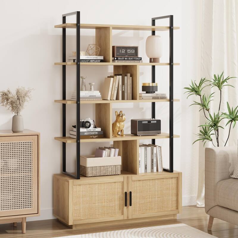 5 Tier Rattan Bookshelf with Storage Cabinet & Door