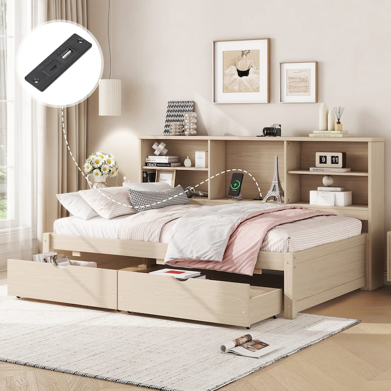 Bed Frame With Side Bookshelves,Two Drawers And Built-in USB Port - Natural
