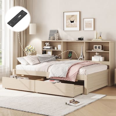 Twin Bed Frame Wooden Platform Twin Bed with Built-in USB Port, Side Bookshelves and 2 Drawers