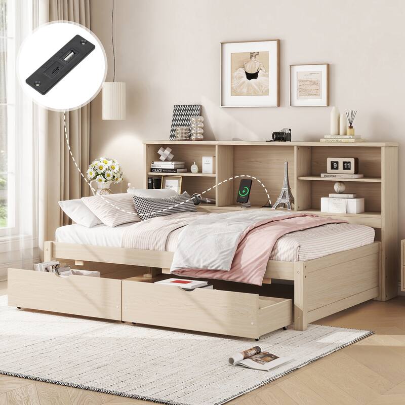 Twin Size Platform Bed with Built-in Bookcase, Adjustable Shelves, USB Charging Station, 2 Storage Drawers