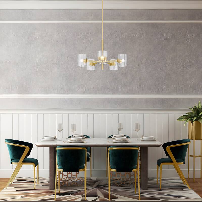 Aries 28 in. 5-Light Brushed Gold Transitional Chandelier with Ribbed Glass Shades