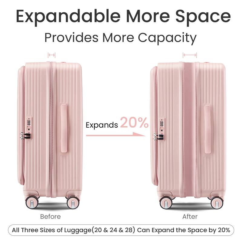 20/24/28 3-Piece Modern Expandable Luggage Sets, Hard-shell Luggage with Front Pocket and TSA Lock, for Boarding Travel, Pink
