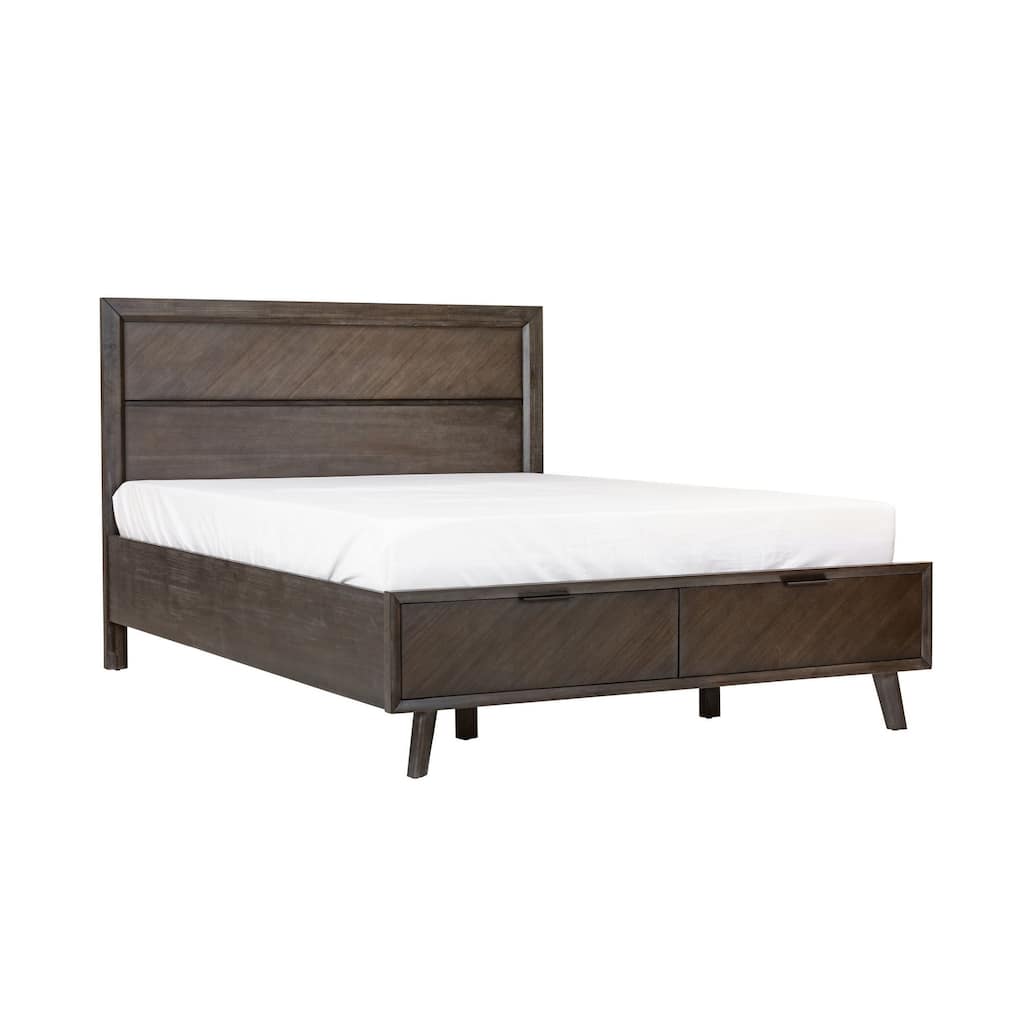 Cid Vein Queen Size Platform Bed, Panel Headboard, 2 Drawers, Brown Acacia