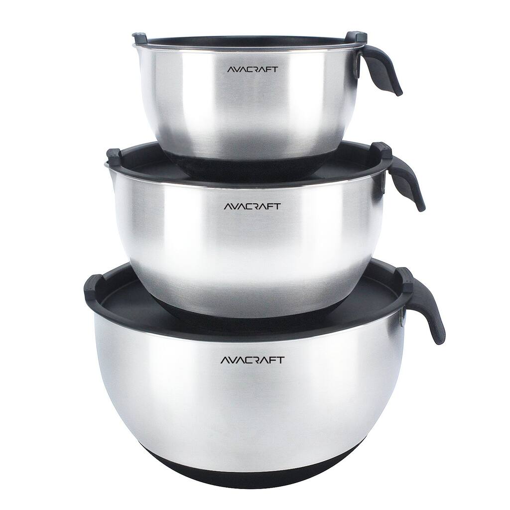 18/10 Stainless Steel Mixing Bowls with Lids, non slip silicone base bowls with Handle,Home Essentials Cooking Bowls