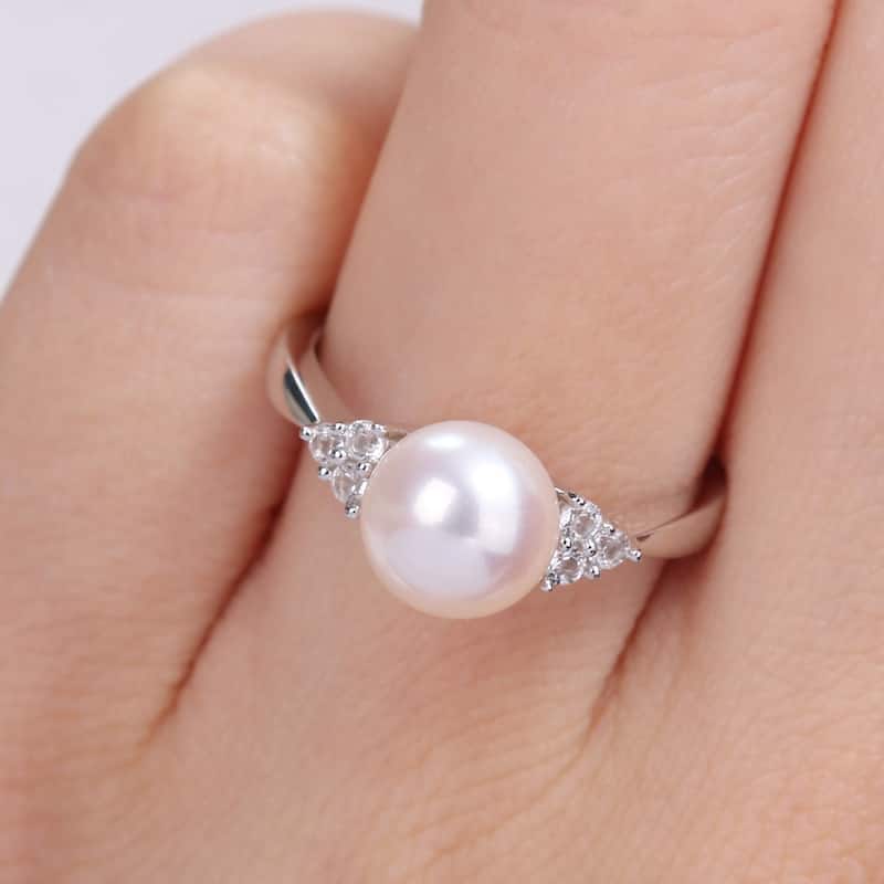 Miadora 8-8.5mm Cultured Freshwater Pearl and 1/4ct TGW White Topaz Ring in Sterling Silver