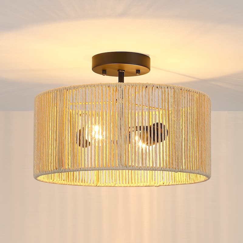 Dorn 2-Light Woven Rope Drum Semi-Flush Mount Ceiling Light - 14"W