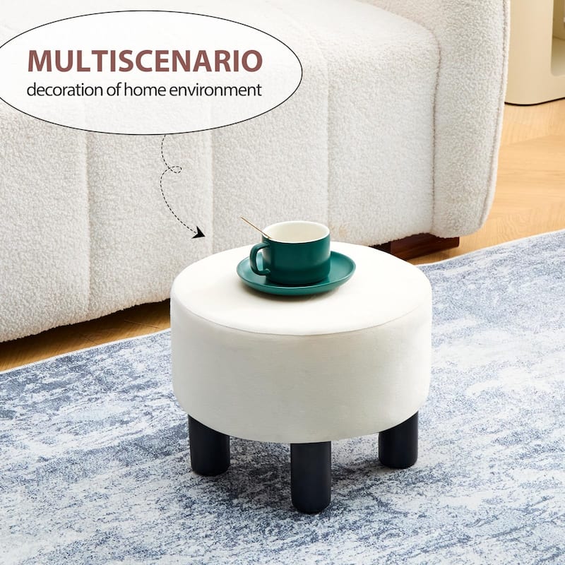 Modern Small Round Linen Ottoman Footstool with Wooden Legs for Bedroom or Living Room