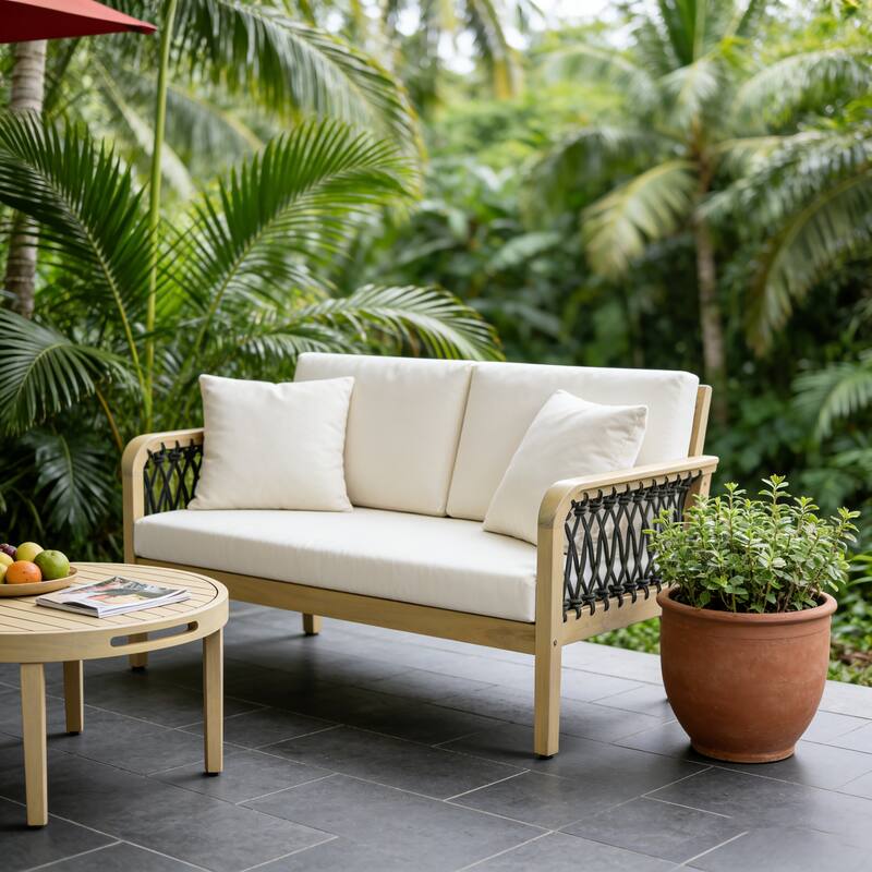 Christopher Knight Home - Outdoor Acacia Wood Loveseat and Coffee Table Set with Handwoven Rope - Loveseat + Table - Light Teak+Dark Grey Rope+Cream Cushion