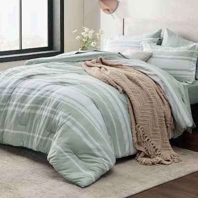 Full Size 7 Pieces, Sage Green White Striped Bedding Comforter Sets, 2 ...