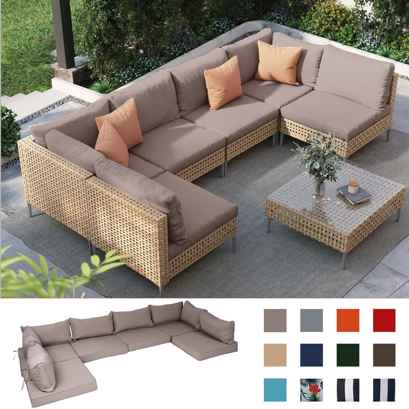 14 Pcs Outdoor Furniture Replacement Cushions Fits 6-seat Sectional Rattan Conversation Set (Only cushions+covers, no sofa.) - Khaki