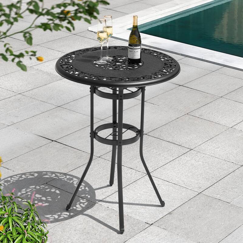 Outdoor 31'' Round Cast Aluminum Patio Bistro Table with Hollow Tabletop and Umbrella Hole, Black - 31'' Round - Black