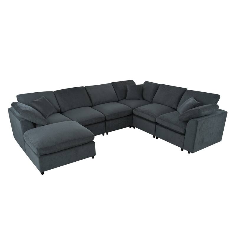 Oversized Modular Sectional Sofa, 7 Seater Corner Sofa, L-Shape Sofa Set with Movable Ottoman, Plush Chenille Fabric Large Sofa