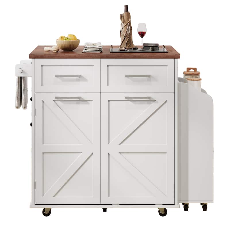 Farmhouse Kitchen Island with Folding Panels 2 Drawer, Trash Can Cabinet Removable Side Shelves and Towel Rack, for Kitchen