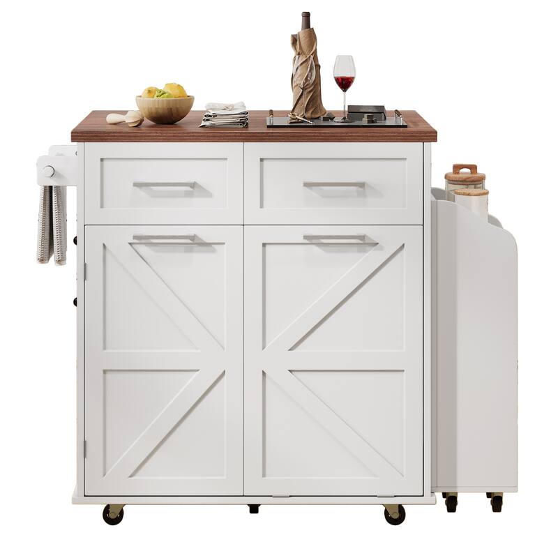 Kitchen Island with Drop Leaf, Kitchen Storage Cabinet with Removable Side Racks, Rolling Kitchen Cart with Towel Rack