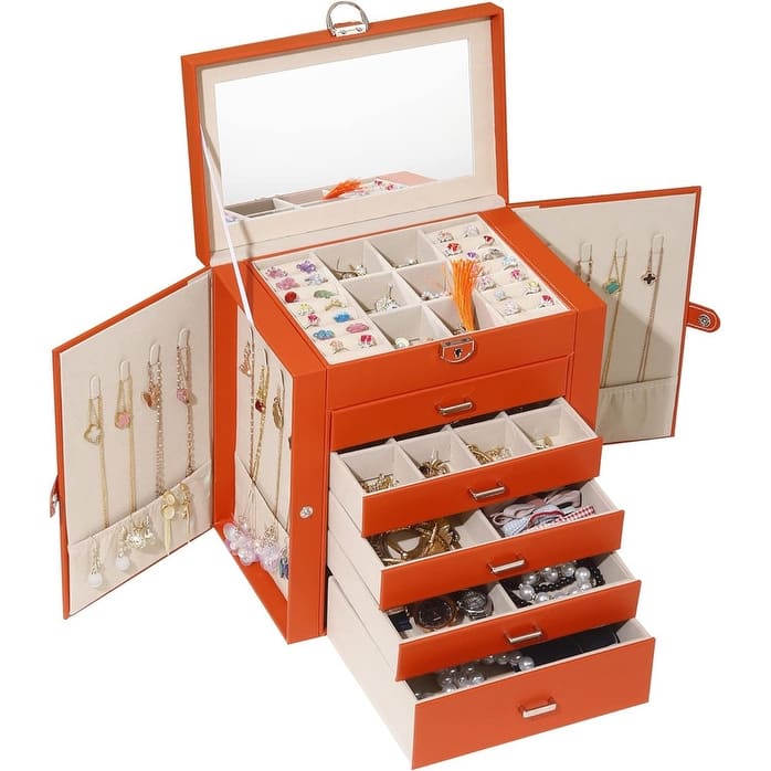 6 Layer Large Jewelry Organizer With Mirror - 6.6"D x 10.6"W x 11"H