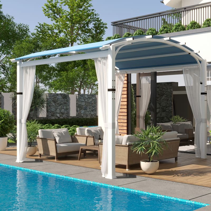 Cozywor 10 ft. x 10 ft. White Steel Patio Arched Pergola with Blue Shade Canopy and Curtains - Blue/White