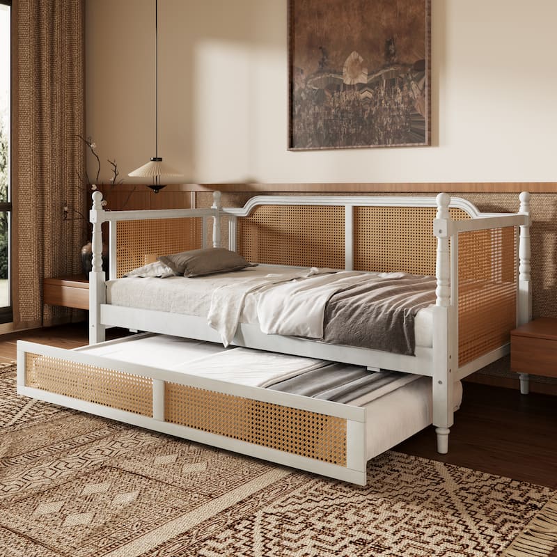 Rattan Daybed with Drawers/Twin Size Trundle, Bed Frame with Footboard - Antique White-with Trundle - Twin