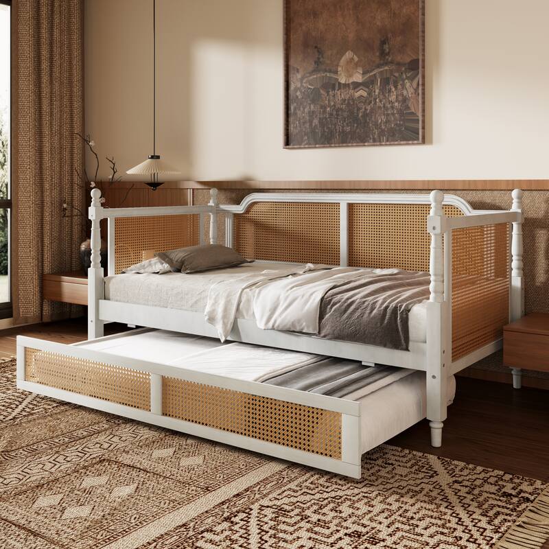 Traditional Rattan Daybed Frame/Wood Sofa Bed Frame w/Trundle for Bedroom Small Space Guestroom Living Room/No Box Spring Needed
