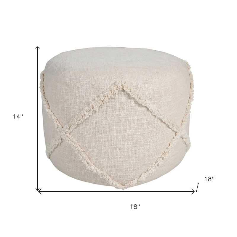 HomeRoots 18" Cream Cotton Cylinder Geometric Pouf Ottoman