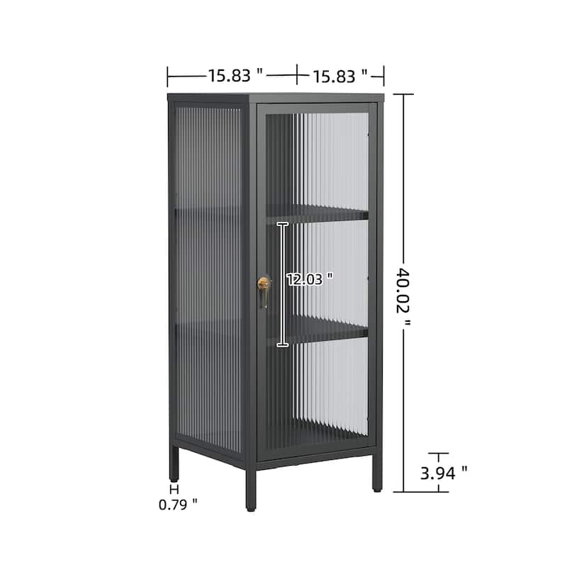 Benoite 40.02-inch Black One Door Metal Storage Cabinet with Fluted Clear Door and Gold Handle - 40.02