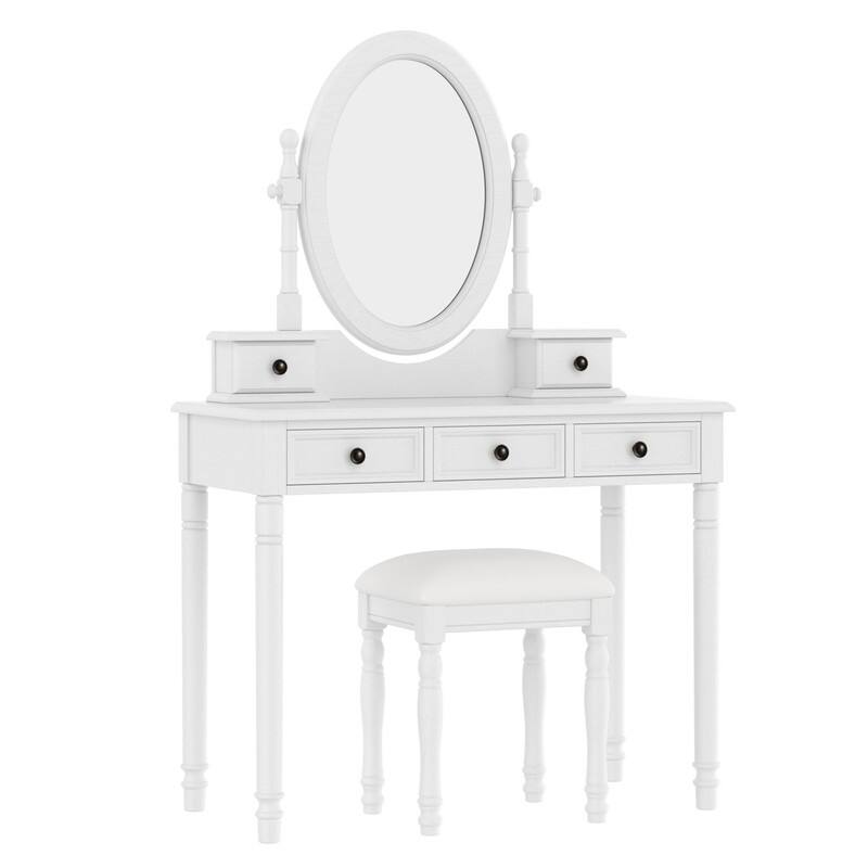 Vintage Vanity Desk with Adjustable Angle Mirror, Makeup Desk with 5 Drawers, Dressing Table Set with Cushioned Stool