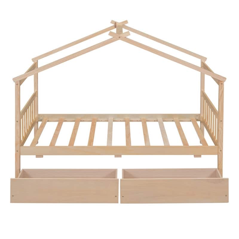 Twin Size Wooden House Bed with Drawers