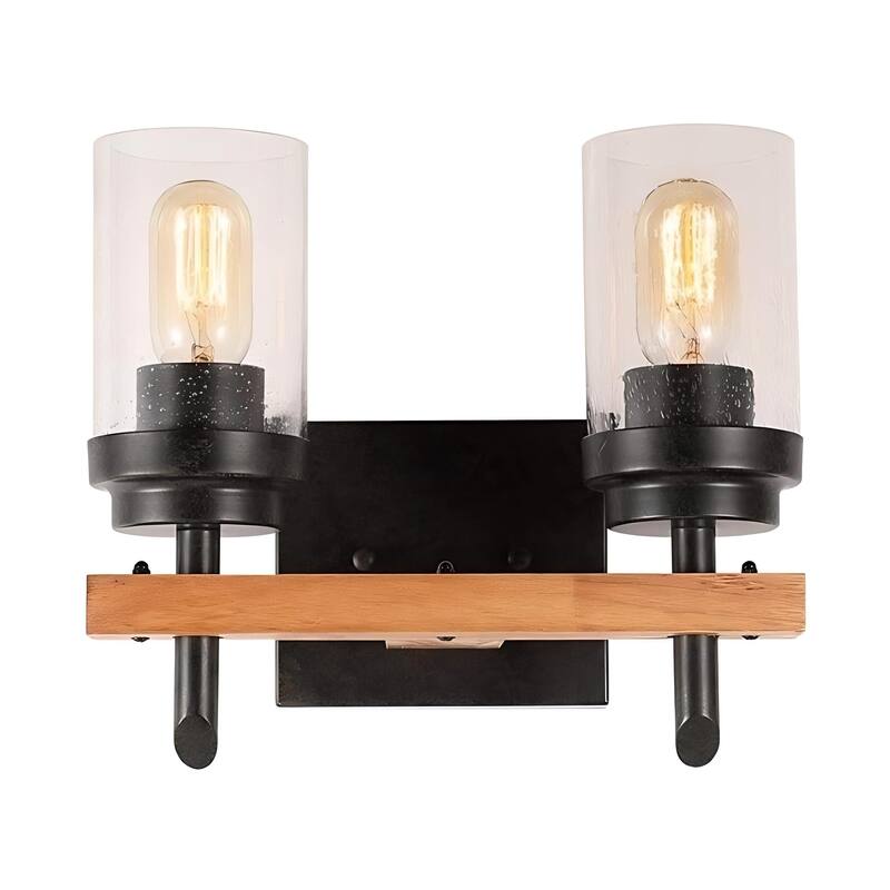 2-light Modern Wood Accents Wall Sconce With Seeded Glass Shade