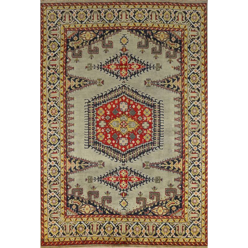 Green Geometric Viss Indian Area Rug Hand-Knotted Wool Carpet - 8'7" x 11'9"