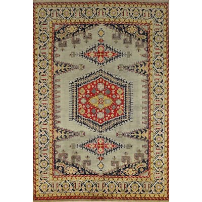 Green Geometric Viss Indian Area Rug Hand-Knotted Wool Carpet - 8'7" x 11'9"