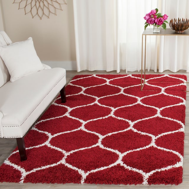 SAFAVIEH Hudson Shag Ogee Trellis 2-inch Thick Area Rug - 9' x 12' - Red/Ivory