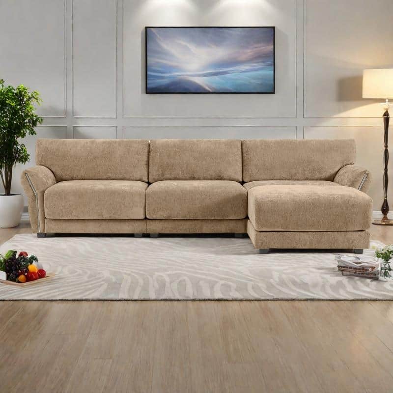 110" Chenille L-Shaped 4-Seater Sectional Sofa with USB/Type-C Charging & Free-Move Ottoman - khaki
