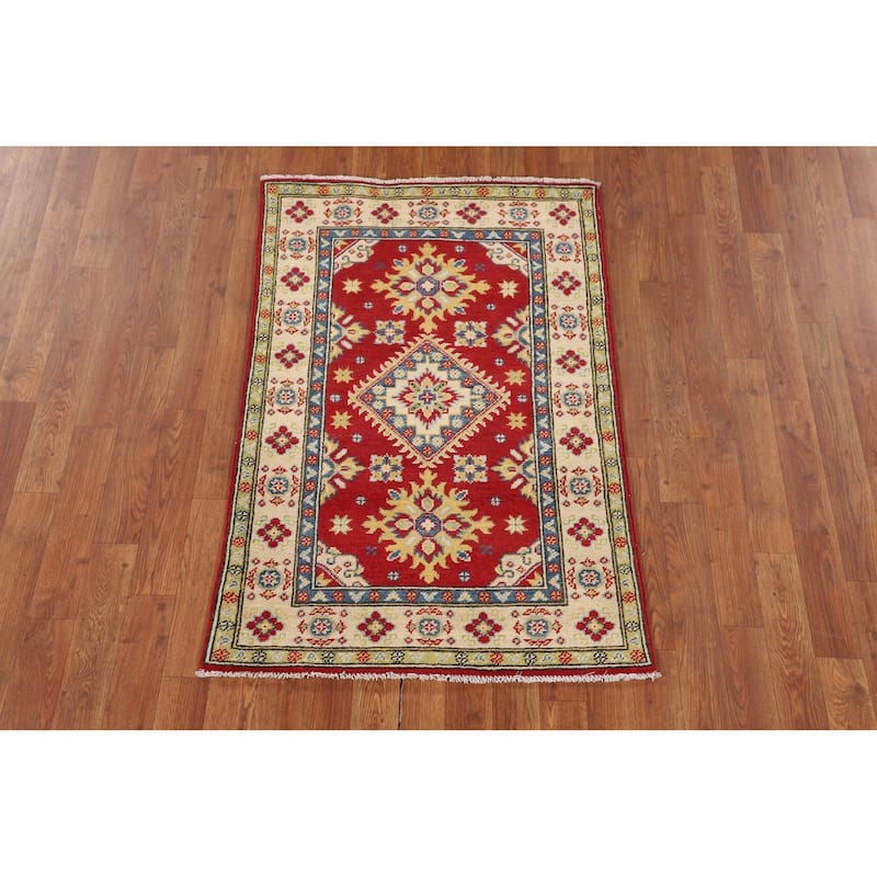 Geometric Red Kazak Accent Rug Handmade Home Decor Wool Carpet - 2'7" x 3'10"