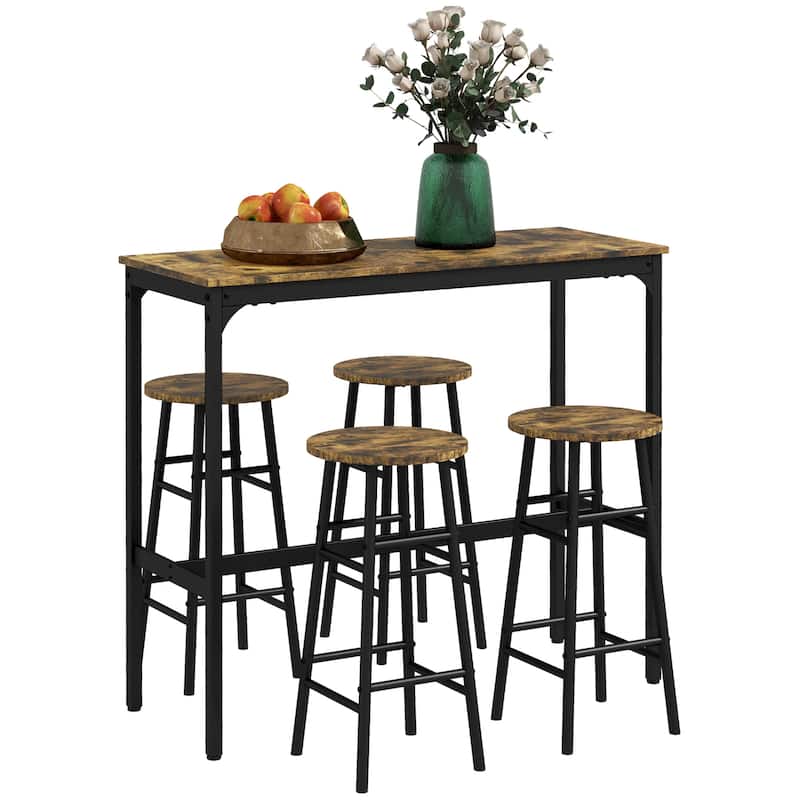 Modern 5-Piece Dining Set with Square Counter Height Bar Table & 4 Bar Stools - Rustic Brown