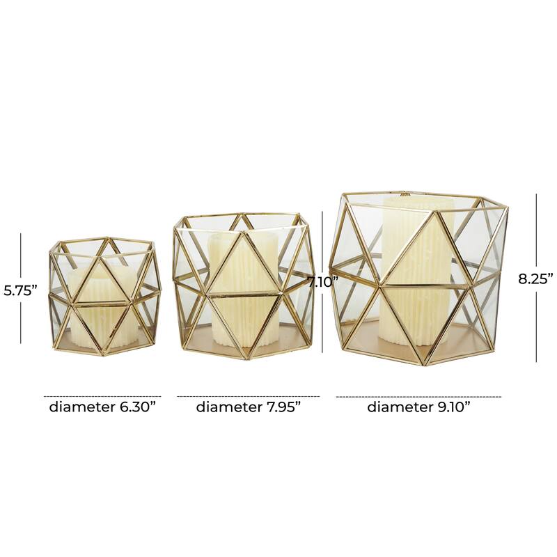 Metal Geometric Wide Diamond Patterned Hexagon Indoor Outdoor Candle Lantern - Set of 3 Gold - CosmoLiving by Cosmopolitan
