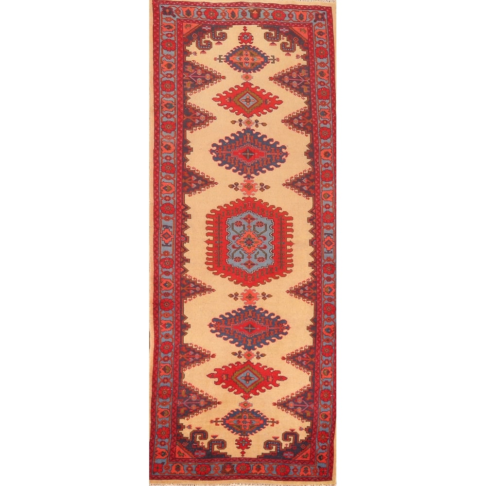 Hand Knotted Oriental 100% Wool Carpet Traditional Geometric Beige & Ivories Sarab Runner Rug - 9' 9'' X 3' 4''