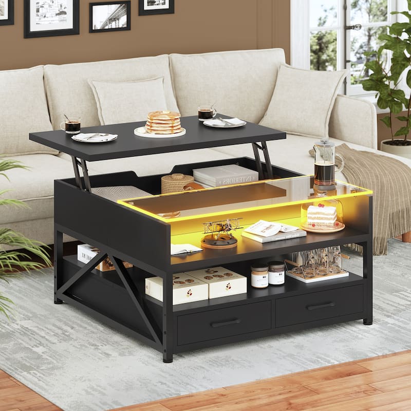Coffee Table Lift Top 2 Drawers Hidden Compartment for Living Room