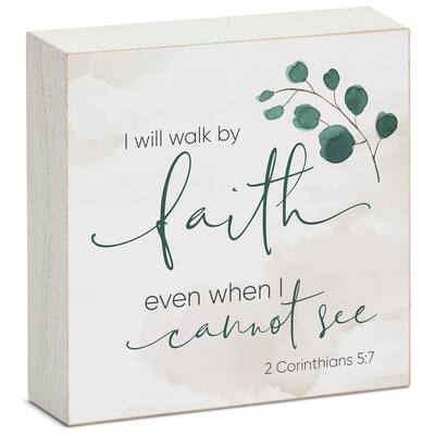 Wood Block Décor Message Walk by Faith Sign, 3.75 inches Square, Made in The USA - Multi-37