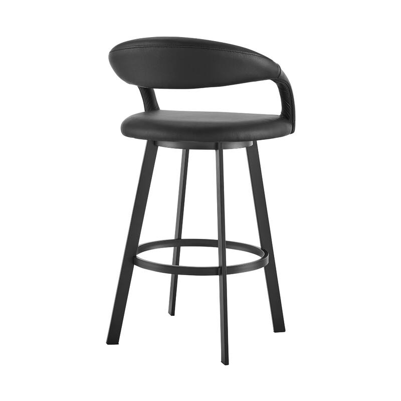 Monie Swivel Barstool Chair, Curved Floating Back, Black Faux Leather