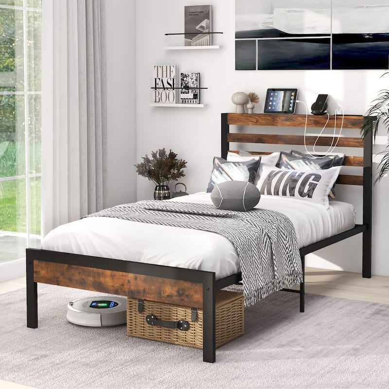 Costway Full Industrial Metal Platform Bed Frame Charging Station