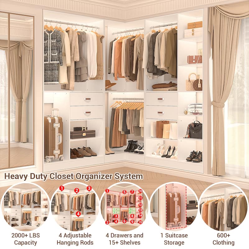 Rackcog 71'' - 110'' Set of 3 Freestanding Corner Closet Organizer, Reversible Wardrobe with Hanging Rods