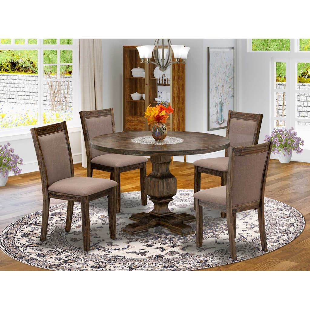 HomeStock 5-Piece Round Distressed Jacobean Finish Solid Wood Top Dining Table with 4 Parson Chair