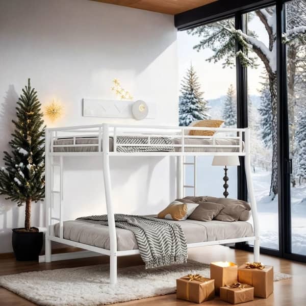 slide 2 of 12, Stylish & Simple Full XL over Queen Metal Bunk Bed with Ladder and Guardrails, Sturdy Construction & Maximized Space, White