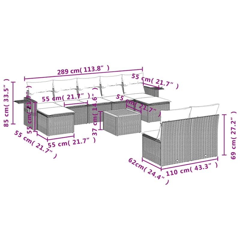 vidaXL Garden Sofa Set 10 Piece with Cushions Outdoor Sofa Set Poly Rattan - 24.4 x 24.4 x 27.2 in (W x L x H)